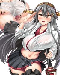 1girl arrow_(symbol) ass black_hair blush body_writing bouncing_breasts breasts checkered_flag flag hairband haruna_(kancolle) haruna_(race_queen)_(kancolle) kantai_collection lace large_breasts looking_at_viewer militia_minpei miniskirt navel netorare open_mouth panties salute see-through_clothes skirt smile solo sweat tally umbrella underwear white_panties yellow_eyes