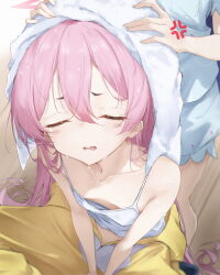2girls anger_vein blue_archive breasts camisole closed_eyes collarbone commentary cosplay drying drying_another&#039;s_hair drying_hair haamon_(harmon) halo highres kigurumi koyuki_(blue_archive) koyuki_(pajamas)_(blue_archive) loli long_hair multiple_girls official_alternate_costume open_mouth pink_hair pink_halo small_breasts solo_focus very_long_hair white_camisole yuuka_(blue_archive) yuuka_(pajamas)_(blue_archive)