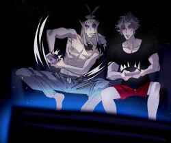 2boys astarion baldur&#039;s_gate baldur&#039;s_gate_3 contemporary controller dungeons_&amp;_dragons dungeons_&amp;_dragons game_controller gev long_hair male_focus multicolored_hair multiple_boys playing_games sitting the_dark_urge_(baldur&#039;s_gate) topless_male two-tone_hair white_hair