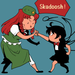 2girls asymmetrical_wings black_dress black_hair blue_background bow bowtie braid dress female_focus flat_color green_hat green_skirt green_vest hat hong_meiling houjuu_nue kung_fu_panda multiple_girls onikobe_rin orange_hair red_bow red_bowtie short_sleeves simple_background skirt touhou twin_braids vest wings
