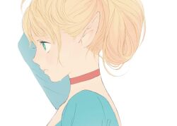 1girl aqua_eyes arm_up blonde_hair choker dungeon_meshi folded_hair frs2 highres long_sleeves looking_ahead marcille_donato parted_lips pointy_ears portrait profile simple_background solo sweat updo wet white_background