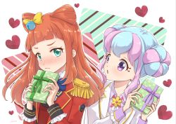 Rule 34 | 2girls, :o, aikatsu! (series), aikatsu stars!, bell, blazer, blue bow, blue hair, blue neckwear, blunt bangs, blush, bow, bowtie, box, chisaca, closed mouth, collared shirt, commentary request, cone hair bun, crown (symbol), donut hair bun, embarrassed, epaulettes, eyelashes, gift, gift box, gold trim, hair bell, hair bow, hair bun, hair ornament, hanazono kirara, heart, heart background, highres, holding, holding gift, jacket, jingle bell, long hair, long sleeves, looking at viewer, multicolored hair, multiple girls, neck ribbon, nose blush, open mouth, orange hair, pink hair, pink ribbon, purple shirt, red jacket, ribbon, s4 uniform, saotome ako, school uniform, shirt, sidelocks, sideways glance, star (symbol), streaked hair, striped background, upper body, valentine, venus ark uniform, wavy mouth, white jacket, yellow bow