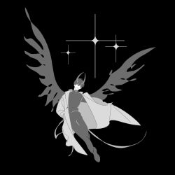 1boy benkdjjituibot black_background black_shirt coat coat_partially_removed collared_shirt demon_horns double-parted_bangs feathered_wings frown full_body grey_hair grey_wings greyscale hair_between_eyes hand_in_pocket head_tilt highres horns kim_dokja line_of_action male_focus monochrome omniscient_reader&#039;s_viewpoint outstretched_arm outstretched_legs shirt short_hair sparkle white_coat wings