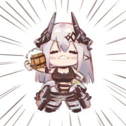 1girl arknights bare_arms bare_shoulders beer_mug black_tank_top blush breasts chibi cleavage closed_eyes commentary_request cup emphasis_lines facing_viewer foam foam_mustache full_body grey_hair grey_jumpsuit hair_between_eyes holding holding_cup horns jumpsuit jumpsuit_around_waist long_hair medium_breasts milluun mudrock_(arknights) mug simple_background solo standing tank_top very_long_hair white_background