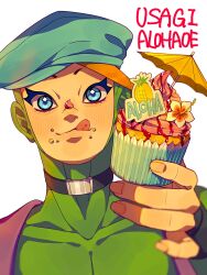 1boy :q absurdres beret black_choker blue_eyes blue_hat blush bodysuit character_name choker commentary commentary_request cupcake english_text flower food food_on_face fruit green_bodysuit hat highres holding holding_food jojo_no_kimyou_na_bouken lemon licking_lips looking_at_viewer male_focus orange_hair siniy solo the_jojolands tongue tongue_out umbrella usagi_aloha&#039;oe white_background