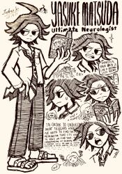 ... 1boy 1girl ahoge book character_name closed_mouth collared_shirt danganronpa danganronpa/zero danganronpa_(series) dated doodle_inset english_text full_body greyscale hand_in_pocket hatching_(texture) highres holding holding_book josh-s26 long_hair long_sleeves matsuda_yasuke monochrome multiple_views necktie open_book open_mouth otonashi_ryouko pants sandals shirt short_hair signature simple_background smoke speech_bubble spoken_ellipsis standing sweatdrop teeth upper_teeth_only white_background
