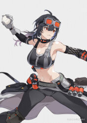 1girl absurdres ahoge artist_name baseball baseball_bat black_hair breasts brown_eyes cleavage collarbone cowboy_shot crop_top floating_hair gloves goggles goggles_on_head grace_howard grayfair hair_between_eyes highres holding holding_baseball_bat large_breasts long_hair looking_ahead midriff navel parted_lips pitching ponytail sidelocks solo standing white_gloves zenless_zone_zero