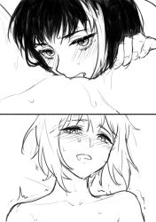 Rule 34 | 2girls, aoba moca, bamboo9545, bang dream!, between legs, blush, commentary request, cunnilingus, greyscale, hand on another&#039;s thigh, looking at another, mitake ran, monochrome, multicolored hair, multiple girls, open mouth, oral, pussy, streaked hair, sweat, tongue, tongue out, trembling, yuri