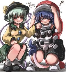 &gt;_&lt; 2girls =_= absurdres blue_hair blush bowler_hat buttons capelet comforting diamond_button doremy_sweet dress eye20806972 frilled_shirt_collar frills green_hair green_skirt hat hat_ribbon highres komeiji_koishi multiple_girls nightcap pom_pom_(clothes) ribbon shirt short_hair short_sleeves simple_background skirt socks squiggle tail tapir_tail touhou translation_request white_background white_socks yellow_shirt