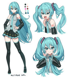 1girl annoyed aqua_eyes aqua_hair aqua_nails bib_(bibboss39) black_skirt black_sleeves black_thighhighs closed_mouth color_guide commentary cropped_torso detached_sleeves english_commentary english_text full_body grey_necktie grey_shirt hair_down hatsune_miku hatsune_miku_(if) highres jitome long_hair looking_at_viewer meme multiple_views necktie pleated_skirt shirt simple_background skirt sleeveless sleeveless_shirt thighhighs twintails upper_body very_long_hair vocaloid wavy_hair white_background