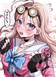 1girl antenna_hair barbed_wire black_choker blonde_hair blue_bow blue_bowtie blue_eyes blush bow bowtie breasts choker cleavage collarbone danganronpa_(series) danganronpa_v3:_killing_harmony fangs fingerless_gloves flying_sweatdrops gloves goggles goggles_on_head heart highres iruma_miu large_breasts long_hair looking_at_viewer o-ring pink_shirt sailor_collar shirt solo speech_bubble sweat teeth translation_request upper_body upper_teeth_only white_background white_sailor_collar yuyu_(yuuyudayo1211)