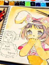 &gt;_&lt; 2girls ainu_clothes black_hair breasts closed_eyes covering_own_mouth excited furry hair_ribbon japanese_text long_hair looking_at_viewer multiple_girls nakoruru open_mouth purple_eyes rabbit_ears ribbon rimururu samurai_spirits short_hair siblings sisters small_breasts smile snk traditional_media translation_request