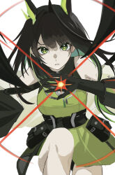 1girl absurdres arknights bare_shoulders black_gloves black_hair dress feet_out_of_frame gloves green_dress green_eyes grey_hair hair_between_eyes highres knee_up looking_at_viewer mon3tr_(arknights) multicolored_hair naruse_azusa sleeveless sleeveless_dress solo two-tone_hair white_background