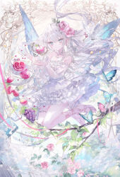 1girl animal apple bare_shoulders bird blue_eyes branch brown_shoes bug butterfly closed_mouth collarbone commentary dress flower food frilled_dress frills fruit grapes grey_hair hair_between_eyes hair_flower hair_ornament highres insect long_hair long_sleeves looking_at_viewer off-shoulder_dress off_shoulder onineko original pink_flower pink_rose puffy_long_sleeves puffy_sleeves rose shoes sleeves_past_wrists solo very_long_hair white_dress