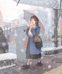 1girl 1other bag steamed_bun black_footwear black_skirt blue_coat blush brown_eyes brown_hair car carrying cityscape coat commentary_request dog eating food highres holding holding_food holding_umbrella lamppost loafers long_skirt long_sleeves medium_hair motor_vehicle open_clothes open_coat open_mouth original outdoors pet_walking pleated_skirt road scarf shoes shopping_bag sidewalk skirt snow snowing socks solo_focus sweatdrop tree umbrella utaka_(anyoanyot) walking white_scarf white_socks white_umbrella