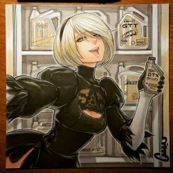 1girl 2b_(nier:automata) blue_eyes breasts cabinet cleavage cleavage_cutout clothing_cutout commentary dress english_commentary female_focus gloves hairband holding marker_(medium) nier:automata nier_(series) oil omar_dogan open_mouth photo_(medium) see-through_clothes short_hair side_slit smile solo source_request traditional_media white_hair