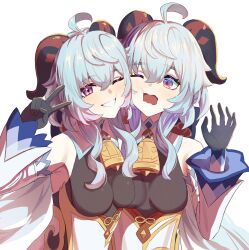 2girls ahoge bare_shoulders bell black_gloves blue_hair bodystocking breasts cheek-to-cheek company_name cosplay cowbell detached_sleeves ganyu_(genshin_impact) ganyu_(genshin_impact)_(cosplay) genshin_impact gloves goat_horns grin heads_together highres honkai:_star_rail honkai_(series) horns looking_at_viewer medium_breasts multiple_girls neck_bell niadn_nb one_eye_closed open_mouth pink_eyes purple_eyes simple_background smile sparkle_(honkai:_star_rail) ueda_reina upper_body v voice_actor_connection wavy_hair wavy_mouth white_background