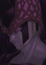 1boy absurdres black_skin cell_(dragon_ball) closed_mouth colored_skin dragon_ball dragonball_z from_side green_skin highres looking_at_viewer male_focus multicolored_skin obata2nd perfect_cell purple_background purple_eyes purple_skin purple_theme smile smirk solo spots upper_body white_skin yellow_skin