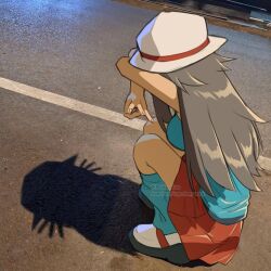1girl ariekochan artist_name baseball_cap blue_shirt breasts brown_hair bucket_hat cat_shadow_puppet different_shadow hat leaf_(pokemon) long_hair loose_socks nintendo outdoors pokemon pokemon_frlg porkpie_hat red_skirt shadow shadow_puppet shirt skirt sleeveless sleeveless_shirt socks white_hat wristband