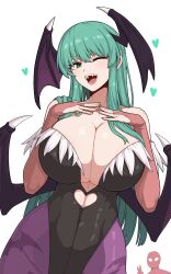 1boy 1girl animal_print bare_shoulders bat_print bat_wings black_leotard bodysuit breasts bridal_gauntlets capcom cleavage clothing_cutout crossover darkstalkers demon_girl fangs female_focus flirting formicid gloves green_eyes green_hair head_wings heart_cutout highres huge_breasts korean_commentary large_breasts leotard linea_alba long_hair looking_at_viewer low_wings marvel marvel_vs._capcom mask morrigan_aensland off-shoulder_leotard one_eye_closed open_mouth pantyhose print_pantyhose purple_pantyhose red_bodysuit smile solo solo_focus spider-man spider-man_(series) spider_web_print superhero_costume two-tone_bodysuit white_background wings wink