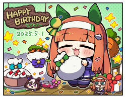 Rule 34 | 2girls, :3, :d, animal ears, blunt bangs, blunt ends, blunt sidelocks, blush, border, brown shoes, character name, chibi, chibi only, closed eyes, commentary request, dated, full body, green background, green eyes, hairband, happy birthday, holding, holding sack, horse ears, horse girl, horse tail, long hair, long sleeves, multiple girls, open mouth, orange hair, pleated skirt, plover, polka dot, polka dot background, purple eyes, purple shirt, purple skirt, purple thighhighs, sack, school uniform, shirt, shoes, sidelocks, silence suzuka (umamusume), skirt, smile, special week (umamusume), standing, tail, thighhighs, tracen school uniform, umamusume, white border, white hairband