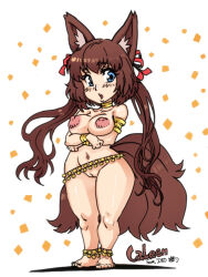 1girl animal_ear_fluff animal_ears anklet armlet barefoot belly_chain blue_eyes blush bracelet breasts brown_hair caleen_keemosn chain chibi cleft_of_venus commission crossed_arms feet female_focus fox_ears fox_girl fox_tail full_body gold_chain hair_ornament hair_ribbon jewelry large_areolae large_breasts long_hair looking_at_viewer mabeelz multiple_tails navel nipples nude open_mouth original pussy ribbon runes signature simple_background solo standing star_ocean star_ocean_anamnesis tail thighs toes twintails very_long_hair white_background