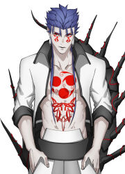 Rule 34 | 1boy, blue hair, chest tattoo, commentary request, cu chulainn (fate), cu chulainn alter (fate), earrings, eyeliner, facial tattoo, fate/grand order, fate (series), hands in pockets, highres, jewelry, long hair, makeup, male focus, no shirt, pale skin, red eyeliner, red eyes, sleeves rolled up, solo, spiked tail, stomach tattoo, tail, tattoo, upper body, white-framed eyewear, yanoooh