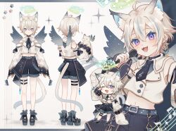 amatsuka_seu animal_ears ankle_strap_shoes bad_tag belt blush bow cat_boy cat_ears chibi crop_top earrings fang from_behind halo high_waist highres indie_virtual_youtuber jewelry microphone mini_wings multiple_views music musical_note namiki_itsuki off_shoulder_sleeves open_mouth platform_shoes purple_eyes reference_sheet ribbon short_hair shorts singing solo star_pattern tail tassel thigh_strap white_hair wings
