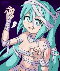 1girl aqua_hair arm_up bandages blue_eyes blue_hair blush breasts female_focus halloween hatsune_miku jua long_hair looking_at_viewer medium_breasts navel open_mouth shadow solo spirit vocaloid