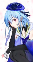 1boy arknights bare_shoulders beret black_gloves black_pantyhose blue_hair chinese_commentary chushi_right closed_mouth collarbone commentary_request earrings elbow_gloves gloves gradient_hair grey_gloves hair_between_eyes hand_on_own_cheek hand_on_own_face hat head_rest highres infection_monitor_(arknights) jewelry looking_at_viewer male_focus mizuki_(arknights) multicolored_hair pantyhose partial_commentary pink_eyes purple_hair purple_hat short_hair_with_long_locks smile solo