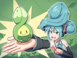 1girl :&gt; alternate_hairstyle aqua_eyes aqua_hair aqua_necktie bare_shoulders budew closed_mouth collared_shirt commentary crossover detached_sleeves digiral english_commentary eyelashes gen_4_pokemon grey_shirt hatsune_miku holding holding_pokemon leaf necktie nintendo open_mouth outline pointing pointing_at_another pokemon pokemon_(creature) shirt smile vocaloid white_outline |_|