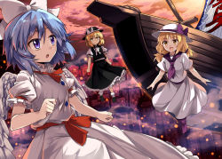 Rule 34 | 3girls, :d, :o, black footwear, black skirt, black vest, blonde hair, blue eyes, blue hair, bow, commentary request, dress, e.o., embers, expressionless, fedora, hat, hat bow, louise (touhou), low twintails, mai (touhou), makai (touhou), multiple girls, neck ribbon, open mouth, palanquin ship, parted lips, petticoat, puffy short sleeves, puffy sleeves, purple bow, purple neckwear, red sky, ribbon, sailor collar, ship, short hair, short sleeves, skirt, sky, smile, socks, touhou, touhou (pc-98), twintails, vest, watercraft, white dress, white legwear, white ribbon, yellow eyes, yuki (touhou)