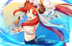 1girl absurdres artist_name back_tattoo bare_shoulders blue_brooch blue_skirt border brooch brown_horns commentary dancing detached_sleeves fake_horns genshin_impact gradient_background green_eyes harem_outfit highres horns jewelry long_hair looking_at_viewer neck_ring nilou_(genshin_impact) open_mouth outside_border puffy_detached_sleeves puffy_sleeves ragnaveldt red_hair skirt smile solo tattoo twitter_username upper_body veil vision_(genshin_impact) water white_border white_veil