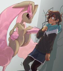2boys :&lt; :3 absurdres against_wall alternate_color androgynous animal_nose arm_at_side ass body_fur brown_fur brown_hair cheek_bulge closed_mouth curvy face-to-face full_body furry furry_female furry_male gen_4_pokemon grabbing_from_behind hands_on_own_hips highres huge_ass kicking looking_at_another lopunny multiple_boys nintendo original pink_eyes pkbunny pokemon pokemon_(creature) rabbit_ears rabbit_tail serious shiny_pokemon short_hair short_tail simple_background standing standing_on_one_leg tail trap trembling two-tone_fur wavy_mouth wide_hips yellow_fur
