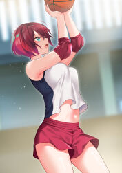 1girl absurdres alternate_costume amate_yuzuriha arms_up ball basketball basketball_(object) blue_eyes blurry blurry_background cowboy_shot elbow_pads elto_0079 from_side gundam gundam_gquuuuuux highres indoors midriff navel open_mouth playing_sports red_hair red_shorts shirt short_hair short_shorts shorts sleeveless sleeveless_shirt solo standing stomach sweat white_shirt