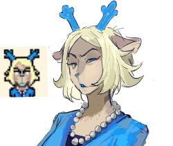1girl animal_ears antlers asliatvt black_shirt blonde_hair blue_eyes blue_jacket blue_lips carol_holiday chinese_commentary commentary deer_antlers deer_ears deer_girl deltarune furry furry_female highres horns jacket jewelry mature_female necklace open_mouth pearl_necklace portrait reference_inset shirt short_hair solo