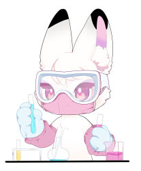 1girl anael_(fluffy_land) animal_ear_fluff animal_ears animal_hands arctic_hare arm_warmers chibi chibi_only chibikemo commentary english_commentary fluffy_land furry furry_female gloves goggles highres kikugawa_ru mask mouth_mask official_art pink_eyes rabbit_ears rabbit_girl second-party_source simple_background solo test_tube white_background