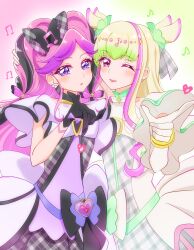 Rule 34 | 2girls, absurdres, black gloves, black hair, blonde hair, blunt bangs, blush, bracelet, braid, choker, cure kiss, cure zukyuun, dress, earrings, elbow gloves, finger gun, fortissimo, frilled dress, frilled sleeves, frills, gingham dress, gloves, gradient background, gradient hair, green eyes, hair ornament, hair ribbon, hands on another&#039;s head, heart, heart-shaped lock, heart-shaped pupils, heart ribbon, highres, holding another&#039;s hair, jewelry, kimi to idol precure, long hair, looking at viewer, multicolored hair, multiple girls, musical note, musical note hair ornament, one eye closed, parted bangs, pearl earrings, pink hair, precure, purple eyes, red eyes, ribbon, ribbon choker, single elbow glove, sugimura mickey, symbol-shaped pupils, touching another&#039;s back, twin braids, twintails, upper body, very long hair, white gloves, wing hair ornament, wrist cuffs