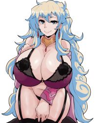 Rule 34 | 1girl, alternate breast size, black garter straps, black panties, blonde hair, blue hair, breasts, cleavage, cross-shaped pupils, garter straps, highres, horu (horu 111), huge breasts, lingerie, long hair, multicolored hair, nia teppelin, off shoulder, panties, plump, solo, symbol-shaped pupils, tengen toppa gurren lagann, underwear, white background