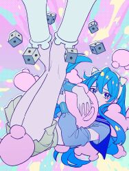 1girl ado_(utaite) arm_warmers blue_eyes blue_hair blue_sailor_collar blue_shirt blush closed_mouth cloud_nine_inc commentary_request cropped_shirt dice hair_between_eyes highres hugging_object kura_kura_(ado) long_hair looking_at_viewer miniskirt riseno sailor_collar shirt short_sleeves skirt solo spy_x_family yellow_skirt