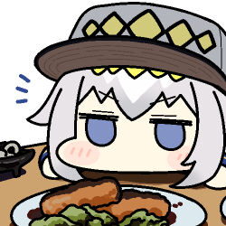 1girl baseball_cap blue_eyes blush_stickers chibi croquette food grey_hair hat horse_girl jazz_jack jitome lowres no_mouth notice_lines oguri_cap_(umamusume) plate simple_background solo table umamusume v-shaped_eyebrows white_background