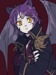 1girl animal_ears black_coat black_nails cat_ears cat_girl closed_mouth coat demon_wings eyelashes facial_mark forehead_mark hair_ornament hairclip highres maplestory original parallel_hairclips purple_hair qjqjqjql short_hair slit_pupils solo upper_body wings yellow_eyes