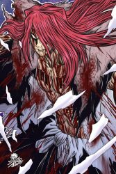 1boy abarai_renji abs angry artist_name black_hakama black_kimono bleach blood blood_on_chest blood_on_clothes blood_on_face blood_splatter chest_tattoo commentary cowboy_shot english_commentary floating_hair forehead_tattoo hair_down hair_over_one_eye hakama highres japanese_clothes kimono looking_at_viewer male_focus muscular muscular_male nose parted_lips pectorals red_hair solo straight_hair tattoo torn_clothes torn_kimono tsurime zombiemasta99