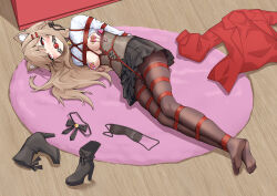 1girl absurdres ahegao animal_ear_fluff animal_ears arms_behind_back ball_gag bdsm black_boots black_bow black_bowtie black_pantyhose black_ribbon blindfold blonde_hair blush bondage boots bound bound_arms bound_legs bound_torso bow bowtie breast_bondage breasts breasts_out clothes_lift collared_shirt corset covered_erect_nipples crotch_rope dildo dildo_harness drooling egg_vibrator female_focus forced_orgasm gag gagged high_heel_boots high_heels highres indoors jacket long_hair looking_up lying nipple_stimulation nipples no_shoes object_insertion on_floor on_side original pantyhose pasties pleated_skirt red_eyes red_jacket remote_control_vibrator restrained ribbon saliva sex_toy shibari shibari_over_clothes shirt shirt_lift shoes skindentation skirt small_breasts soles solo t_zhonglang tape tape_on_nipples too_many too_many_sex_toys unworn_blindfold unworn_shoes vaginal vaginal_object_insertion variant_set very_long_hair vibrator vibrator_on_nipple white_shirt wiffle_gag