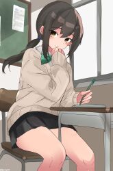1girl alternate_costume alternate_hair_length alternate_hairstyle black_hair black_skirt bow bowtie brown_eyes chalkboard collared_shirt commentary_request desk feet_out_of_frame fubuki_(kancolle) green_bow green_bowtie grey_sweater highres kantai_collection long_hair low_ponytail miron_(mirona33) pen ponytail school_desk shirt skirt solo sweater window