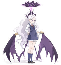 absurdres ahoge black_halo black_socks blue_archive blush demon_girl demon_horns demon_wings full_body halo highres hina_(blue_archive) horns long_hair looking_at_another purple_eyes school_uniform simple_background socks sugidoritos white_background white_hair wings
