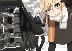 2girls black_eyes black_hair blonde_hair breasts caterpillar_tracks cloud cloudy_sky coat collarbone day gloves green_eyes highres is-2 long_hair military military_vehicle motor_vehicle multiple_girls necktie open_mouth original red_eyes scarf shirt skirt sky snow tank tank_shell thighhighs tree white_hair zafuri_(yzrnegy)