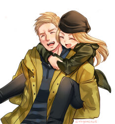 Rule 34 | blonde hair, blush, carrying, closed eyes, coat, ethan winters, facial hair, father and daughter, hood, hug, jacket, nagare, open mouth, resident evil, resident evil village, rosemary winters, smile
