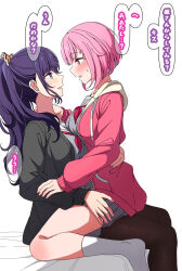 2girls :d arimon_(dfrgty12) asahina_mafuyu black_cardigan blush breasts cardigan commentary_request drawstring eye_contact face-to-face feet_out_of_frame fingernails from_side full_body grey_serafuku grey_shirt grey_skirt hair_between_eyes hair_flaps hair_over_shoulder hand_on_another&#039;s_arm hand_on_another&#039;s_waist high_ponytail highres hood hood_down hooded_jacket jacket kneehighs long_hair long_sleeves looking_at_another medium_breasts miniskirt miyamasuzaka_girls&#039;_academy_school_uniform multiple_girls neckerchief no_shoes nose_blush on_bed ootori_emu open_cardigan open_clothes open_jacket open_mouth pink_eyes pink_hair pink_jacket pleated_skirt ponytail profile project_sekai puffy_long_sleeves puffy_sleeves purple_eyes purple_hair red_neckerchief school_uniform serafuku shirt short_hair sideways_mouth simple_background sitting sitting_on_lap sitting_on_person skirt smile socks sweatdrop translation_request white_background white_hood white_socks yuri