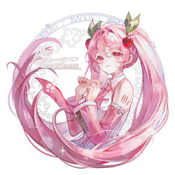 1girl cherry_hair_ornament chinese_commentary collared_shirt commentary_request cropped_torso dated detached_sleeves food-themed_hair_ornament hair_ornament hatsune_miku highres leaf_hair_ornament light_blush long_hair memory_mie nail_polish necktie parted_lips pink_eyes pink_hair pink_nails pink_necktie pink_sleeves sakura_miku shirt signature simple_background sleeveless sleeveless_shirt solo twintails very_long_hair vocaloid white_background white_shirt